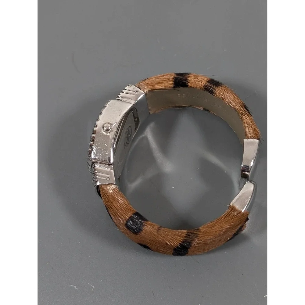Kessaris‎ Watch Animal Print Faux Fur Cuff Brown Black Hinge Bracelet 6.5